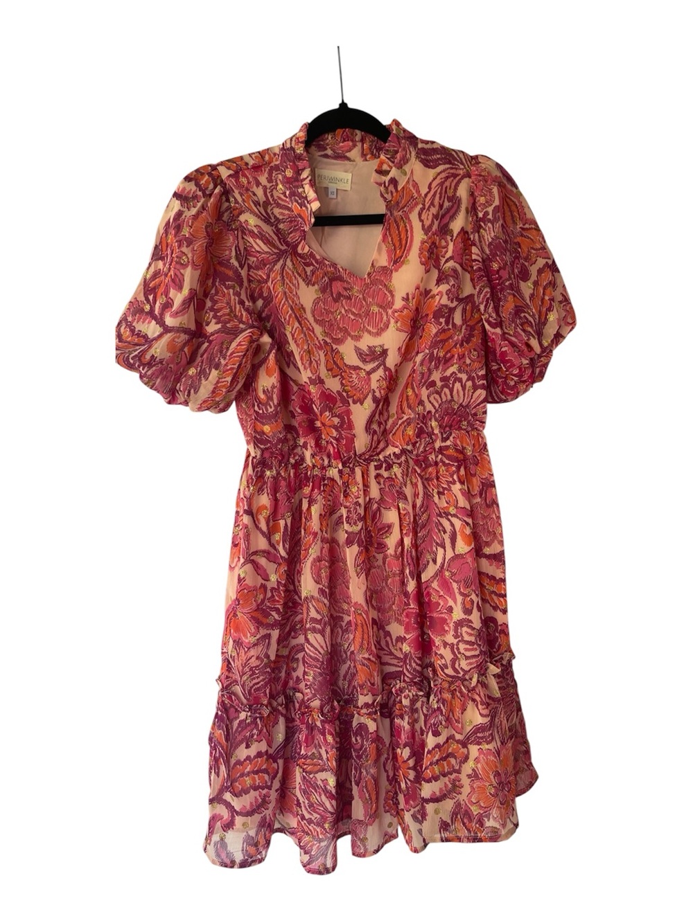 Periwinkle by Barlow Peach and Magenta Floral Puff-Sleeve Dress
